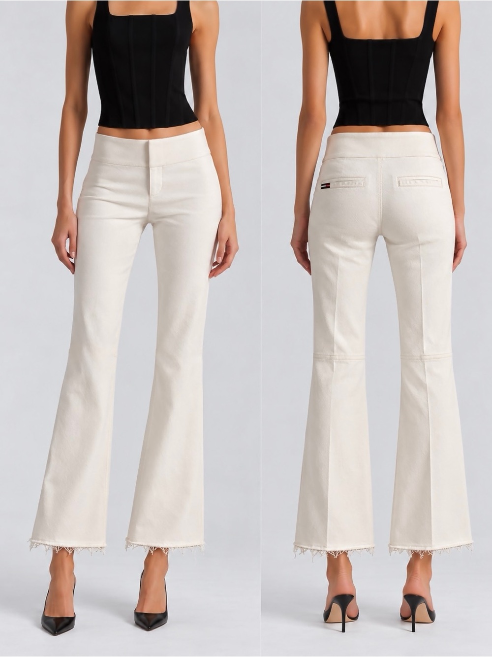Alice + Olivia Hot Jean In Ecru Off-White Flare Boot Cropped Jeans Raw Hem 27